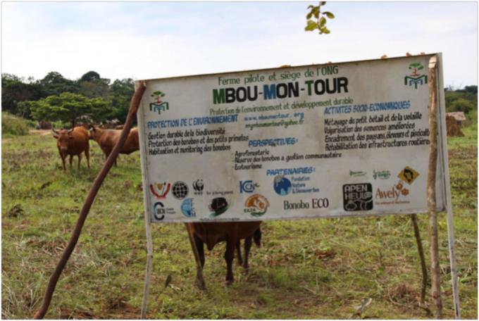 Panneau signalant l'entrée d'une piste pour l'éco-tourisme au bonobo en Afrique